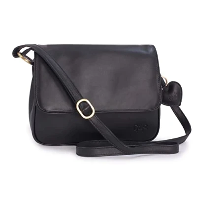 Image of Gigi Women&#039;s Medium Leather Cross Body Bag Flap Over Handbag With Long Adjustable Strap Heart Keyring Charm OTHELLO 1008 Black