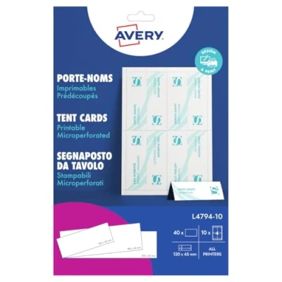 Image of Avery L4794 10 Printable Place/Tent Cards, 4 Cards Per A4 Sheet,White
