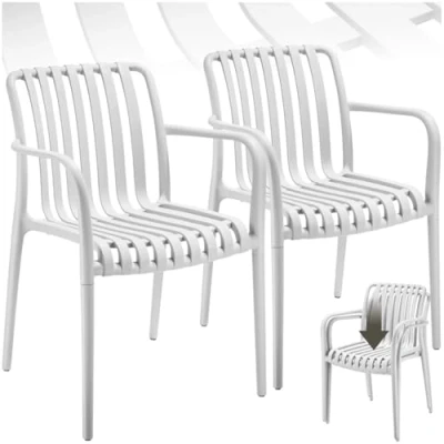 Image of TecTake® Set of 2 Garden Chairs in Light, Airy Design, Chair Weather Resistant Plastic with Slatted, Curved Seat, Stackable Outdoor Armchair for Backyard, Patio, Balcony White