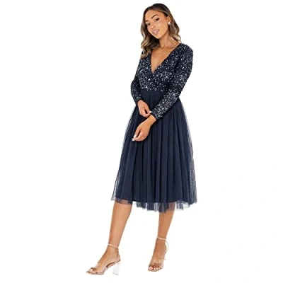 Image of Maya Deluxe Women&#039;s Ladies Wedding Guest Midi Dress Long Sleeve Plunging Neckline V Neck Sequin Embellished Graduation Bridesmaid, Navy, 20