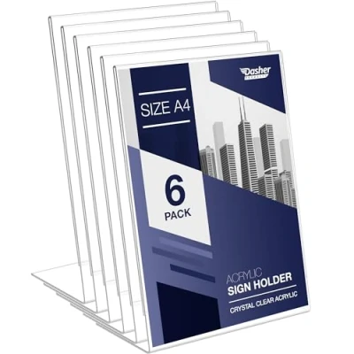 Image of Slant Back Acrylic Sign Holder A4, 6 Pack, Portrait Ad Frames, Clear Picture Frame for Signs, Brochure, Flyer, Menu, Paper, Poster, Display. Slanted Plastic Message Board Stand Home, Office, Store