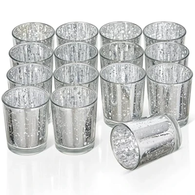 Image of THE TWIDDLERS 15 Candle Holders Silver &amp; Red Speckled Glass Tea Light Holder Home Decoration, Table Centerpiece, Kitchen Accessory 5 x 6cm (75, Silver)