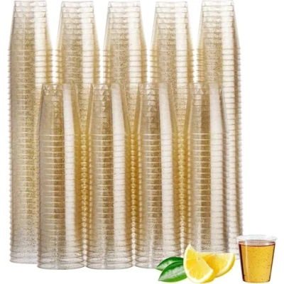 Image of MATANA 150 Plastic Shot Glasses (30ml) Clear with Gold Glitter Jelly Shots, Jello &amp; Tequila Sample Tasting Cups for Birthdays, Weddings, BBQ, Parties Sturdy Reusable