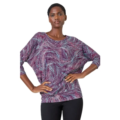Image of Roman Womens Abstract Stretch Blouson Top Purple viscose Size 12 UK
