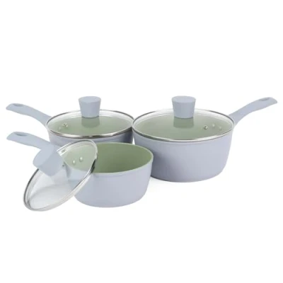 Image of Salter BW09283AR Earth Saucepan Set 3 Piece Healthy Ceramic Non Stick Coating, PFAS Free Induction Cookware, Aluminium Cooking Pots with Lids, Easy Clean, PFOA/PTFE Free, Stay Cool Handles, Green
