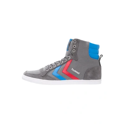 Image of Hummel Unisex Slimmer Stadil High Hi Top Trainers ,Castlerock Ribbon Red Brilliant Blue 63 511 0528,4 UK