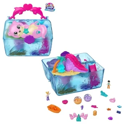 Image of Polly Pocket Sparkle Cove Adventure Playset &amp; 2 Micro Dolls, Island Treasure Chest Carry Case, 4 Animals Accessories, HPV40