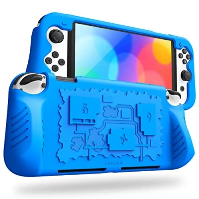 Image of Fintie Case Compatible with Nintendo Switch (OLED Model) 2021 Soft Silicone Non Slip Shockproof Protective 3 Playing Card Holders, Ergonomic Grip Design Handle Cover Case, Blue