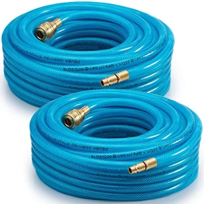 Image of DEUBA® 2X 15m Compressed Air Hose Fabric Reinforced PVC 15 Bar 1/4&#039; Quick Coupler Connection 6mm Internal Diameter 13mm External Compressor Line for Pneumatic Tools Blue