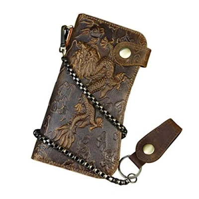 Image of Mens Leather Long Bifold Wallet with Chain, Biker Vintage Chain Zipper Pocket (Brown 1)
