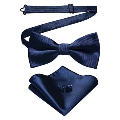 Image of JEMYGINS Navy Blue Bow Tie Wedding Silk Bowtie and Pocket Square Hankerchief with Cufflinks Sets for Men(2)