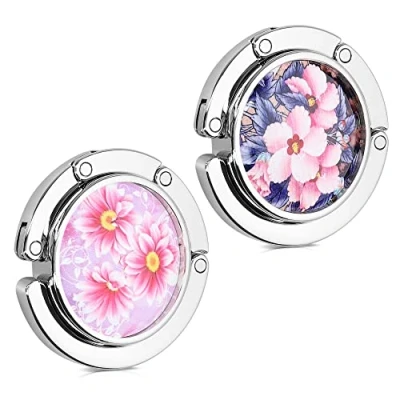 Image of kwmobile Purse Hooks for Table Set of 2 Portable Handbag Hook Foldable Bag Holder Hangers Tables with Design Floral Pink/Blue/Yellow