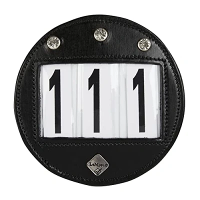 Image of LeMieux Diamante Bridle Number Holder in Black Durable Leather Material Attaches Easily with a Strong Fixing Pin One Size