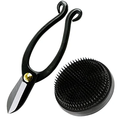 Image of Wazakura 2PCS Japanese Ikebana Floral Arrangement Essential Tool Set Made in Japan [ Ikenobo Scissors + 80mm Round Black Kenzan Kit ]