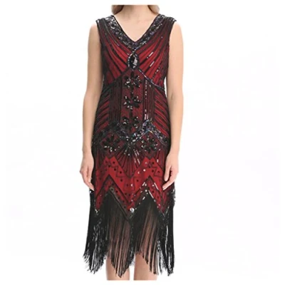 Image of Best Dance Women&#039;s 1920s Gatsby Sequin Art Deco Scalloped Hem Inspired Flapper Dress (UK 14 16, Red)