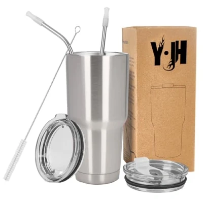 Image of Y·J&amp;H 30oz (850ml) Travel Tumbler Double Wall Vacuum Insulated Coffee Mug Stainless Steel Cup with 2 Splash Proof Lid, Straws &amp; Free Cleaning Brush, BPA Silver