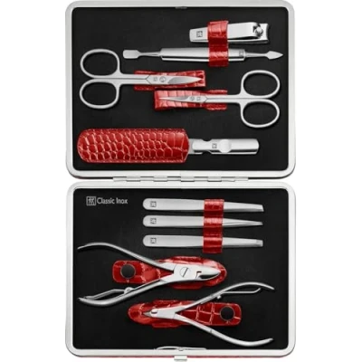 Image of ZWILLING Manicure Set (10 Pieces, Complete for Fingernails and Toenails, Real Leather Case with Metal Frame), Polished Stainless Steel, Crocodile Edition, Red