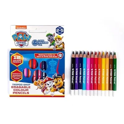 Image of Love Writing Co. Paw Patrol 12 Erasable Colour Pencils for Children Age 2 5 years Tripod Grip Improve Pencil and Control Early Drawing &amp; Practice