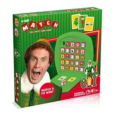 Image of Top Trumps Match Elf Board Game, Play with Buddy Elf, Santa and the Snowman, Race to 5 of same characters in a row, Fun family travel game for 2 players aged 4 plus, great gift kids