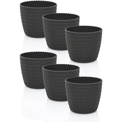 Image of idea station RIBA Flower Pot Set 6 x 11 cm Anthracite Shatterproof Plastic Pots for a Wide Range of Plants, Flowers Matte Planters Indoor and Outdoor Use
