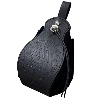 Image of HiiFeuer Medeival Faux Leather Pouch, Portable Drawstring Purse, Vintage Belt Pouch Dice Bag for LARP Ren Faire (Gungnir Black)