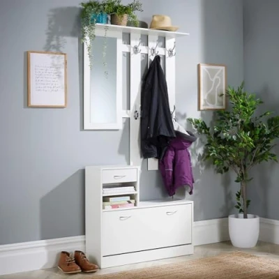 Image of Home Source Wall Mounted 6 Hook Coat Rack with Mirror, Shoe Storage Bench and Drawer, White