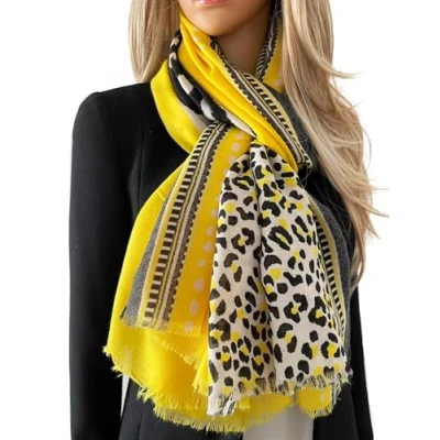 Image of The Accessory Co. Ladies Large Leopard Print Scarf for Women, Animal Scarves, Long Neck Scarf, Designer Shawl Wrap Tiger Zebra, Mustard Yellow Green Pink (Yellow)