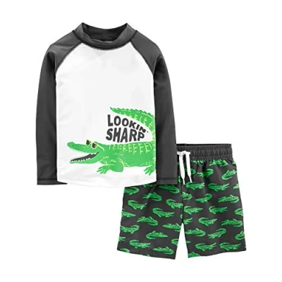 Image of Simple Joys by Carter&#039;s Baby Boys&#039; Swimsuit Trunk and Rashguard Set Rash Guard, Black Crocodile Print, 18 Months
