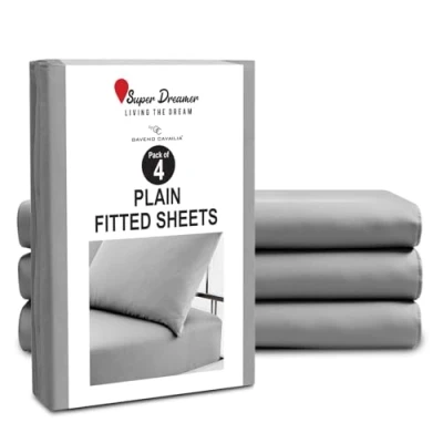 Image of Microfiber Fitted Sheet Single 4 Pack Plain Bed Sheets Deep Pocket 10 inch (25cm) Shrinkage, Fade &amp; Wrinkle Resistant Bottom Washable, Fit to Mattress (91x193 cm) Grey