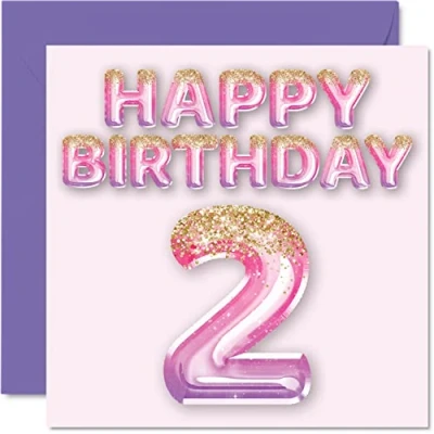 Image of 2nd Birthday Card for Girls Pink &amp; Purple Glitter Balloons Happy Cards 2 Year Old Girl Daughter Sister Granddaughter Cousin, 145mm x Two Second Bday Greeting Gift