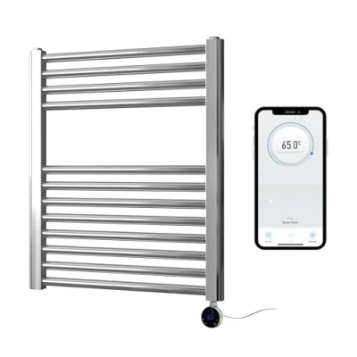 Image of Greened House Chrome Electric Smart WiFi Controlled Heated Towel Rail Flat 7 Day Programmable Timer App Compatibility (400mm W x 600mm H)