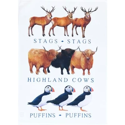 Image of Half a Donkey Scottish Iconic Animals large cotton tea towel Stags, Cows and Puffins