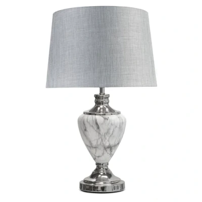 Image of Lighting Supermarket Hepburn Large Grey Marble Effect Table Lamp with Linen Shade &amp; Silver