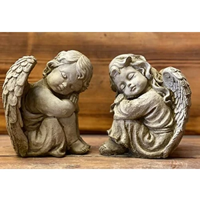 Image of STONE GARDEN PAIR OF SLEEPING RESTING ANGEL CHERUB MEMORIAL GIFT ORNAMENT