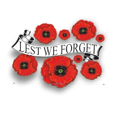 Image of Poppy Montage with &quot;Lest we forget&quot; banner through the center Flower Decals Car Stickers Graphics Wall Window Decorations Art (200 x 145mm)