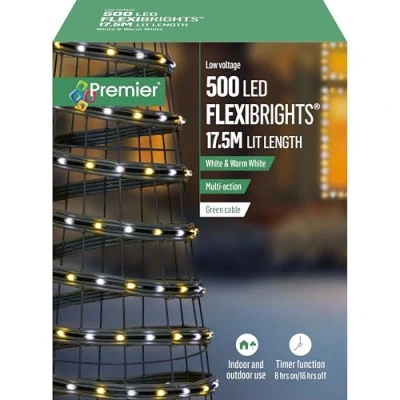 Image of Premier 500 LED Flexibrights Lights, White &amp; Warm Multi Action with Green Cable, 17.5m Lit Length, Timer Function, Indoor/Outdoor Use