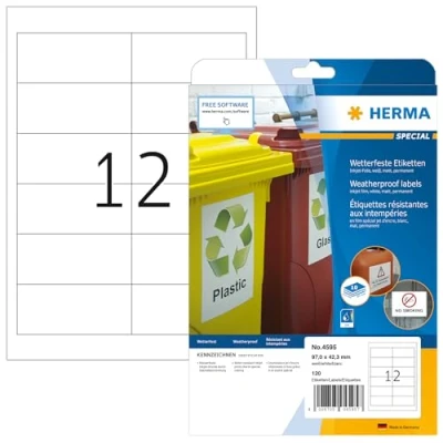 Image of HERMA Self Adhesive Inkjet Labels, 12 Labels per A4 Sheet, 10 Sheets, 97 x 42.3 mm, 120 Blank Weatherproof Film Stickers, Sticky for Printer, White