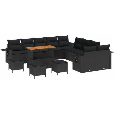 Image of vidaXL 14 Piece Garden Sofa Set with Cushions Black Poly Rattan Acacia
