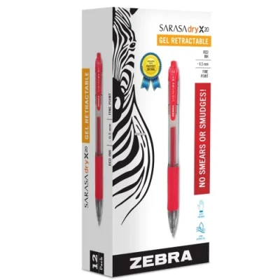 Image of Zebra Pen Sarasa Clip Gel Pens, Fine Point Pens For Adult Colouring, Smear Proof Writing, Reliable Retractable Kids &amp; Adults, Colour Set, 12 Pk Red Ink