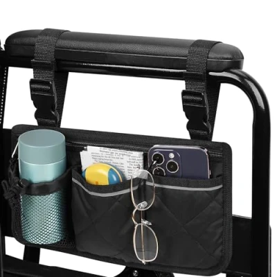 Image of supregear Wheelchair Armrest Side Bag with Cup Holder and Reflective Stripes, 6 Pocket Walker Rollator Baby Stroller Waterproof Organizer Bag, Camping Chairs Bedside Hanging Storage