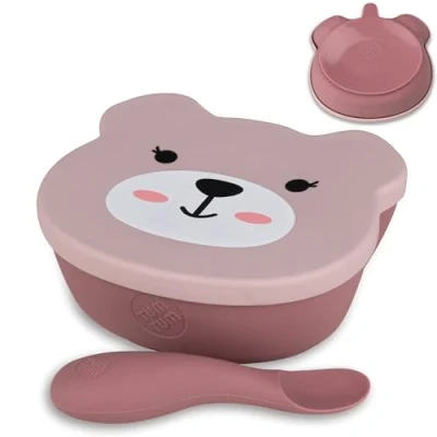 Image of TUM Baby &amp; Toddler Stay Put Suction Bowl with Lid Spoon Led Weaning Dishwasher Steriliser Freezer Friendly 6m+ Betsy Bear Pink