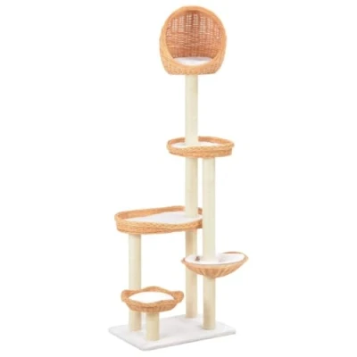 Image of &quot;vidaXL Handmade Natural Willow Wood Cat Tree Comfortable Scratching Post with Soft Plush, Sisal Rope and Cozy Baskets for Relaxation Exercise&quot;