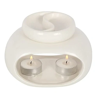 Image of Double Off White Ceramic Oil Burner 10cm x 14cm (1 Pc.) Sophisticated Design, Duable Material Suitable for Fragrance Oils &amp; Wax Melts Ideal Home Decor