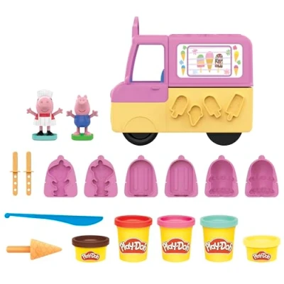 Image of Play Doh Peppa&#039;s Ice Cream Playset with Truck, Peppa and George Figures, 5 Cans, 8.1 x 25.4 21.6 centimetres