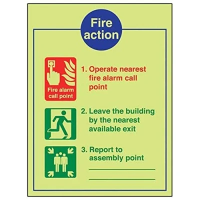 Image of V Safety Glow In The Dark Fire Action/Operate Nearest Alarm Action Notice Sign 150mm x 200mm Self Adhesive Vinyl