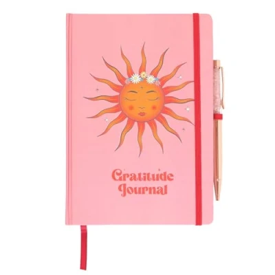 Image of Embrace Celestial Vibes with The Sun Gratitude Journal and Rose Quartz Pen Set Lunar themed Stationery, A5 Journal, Moon Phase Notebook, Cosmic Diary UK, Astronomy inspired Writing Pad