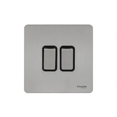 Image of Schneider Electric Ultimate Screwless Flat Plate Double Rocker 2 Way Light Switch, Single Pole, 16AX, GU1422BSS, Stainless Steel with Black Insert