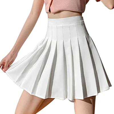 Image of DRESHOW Women Girls Short High Waist Pleated Skirt Basic Plain Stretchy Flared Mini School