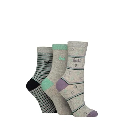 Image of Women&#039;s 3 Pair Pringle Christmas Patterned Cotton Socks with Gift Tag Grey Diamond / Stripe 4 8