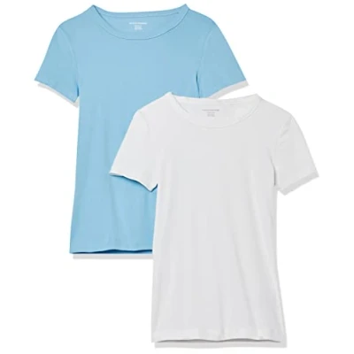 Image of Amazon Essentials Women&#039;s Slim Fit Short Sleeve Crewneck T Shirt, Pack of 2, White/Light Blue, S
